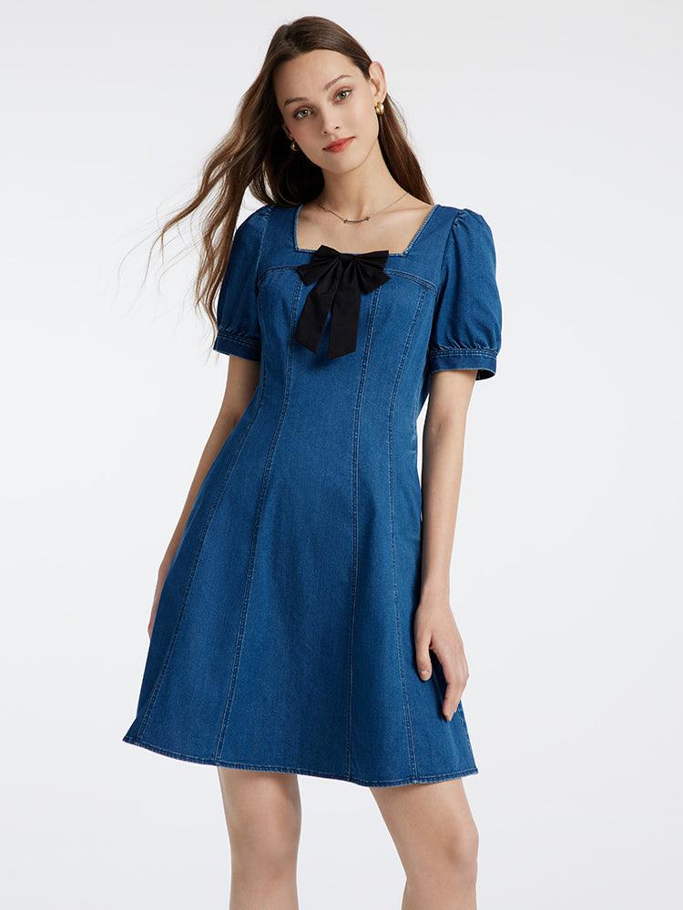 Denim Dress With Removable Bowknot GOELIA