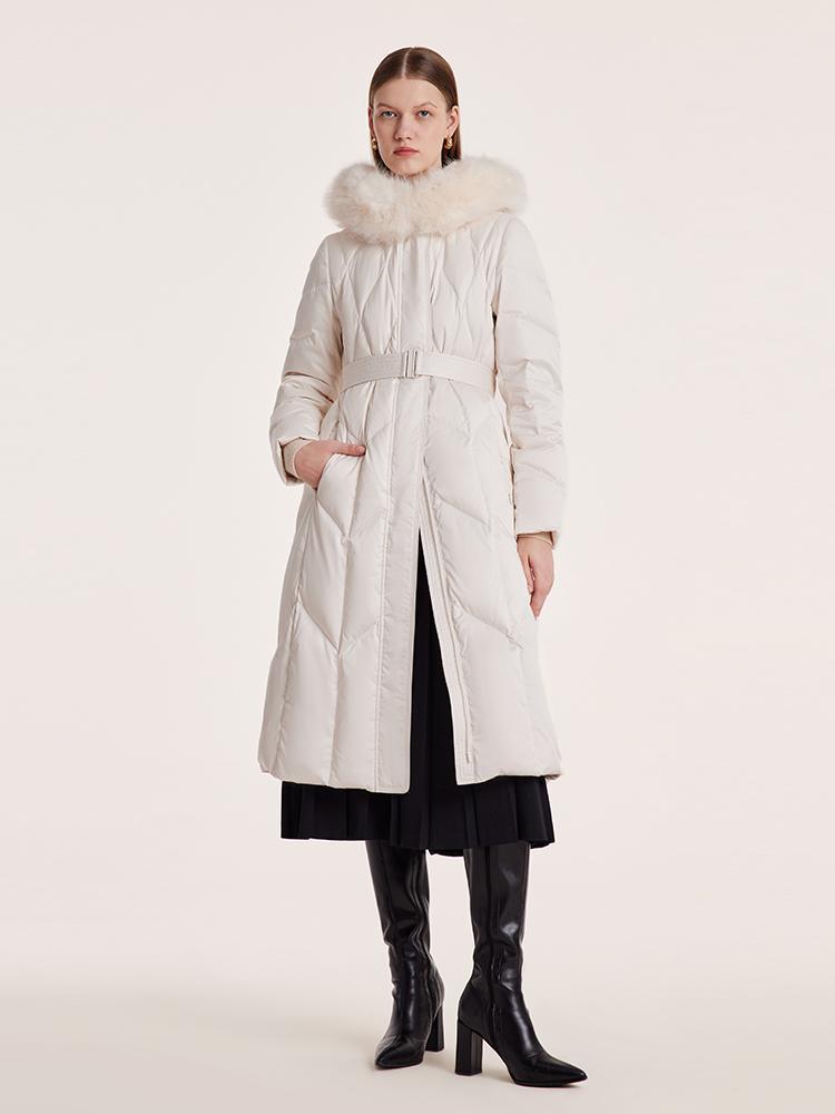 White Gathered Waist Long Goose Down Garment With Faux-Fur Collar GOELIA