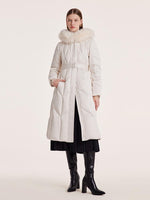 White Gathered Waist Long Goose Down Garment With Faux-Fur Collar GOELIA