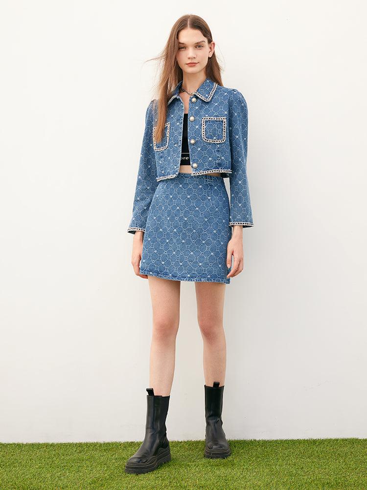 Blue Tweed Jacquard Denim Suit Jacket&Skirt GOELIA