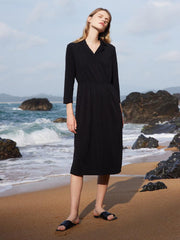 Black Triacetate Gathered Waist Woven Dress GOELIA