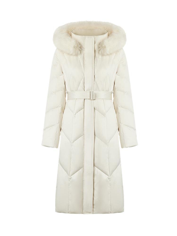 White Gathered Waist Long Goose Down Garment With Faux-Fur Collar GOELIA