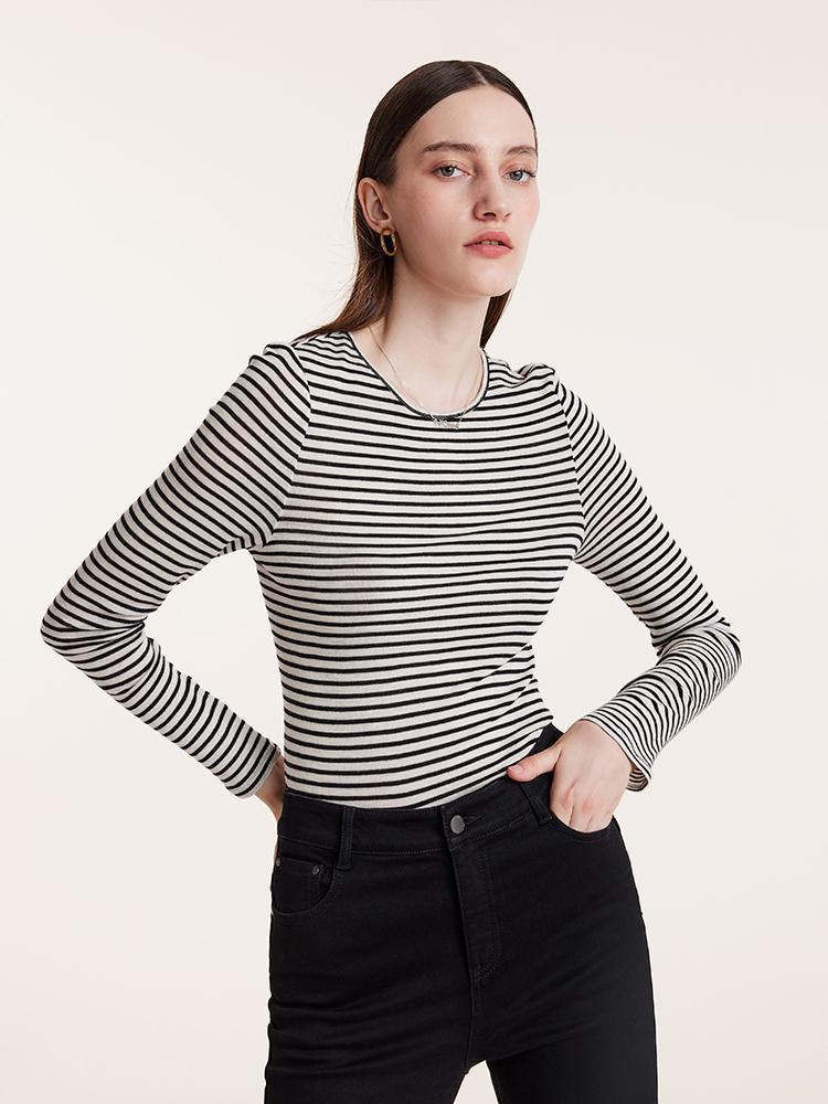 Washable Wool Striped Round Neck Sheath Sweater GOELIA