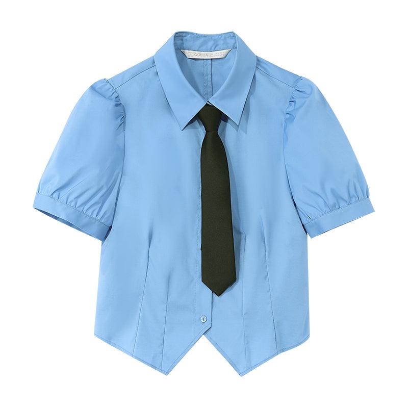 Blue Bubble Sleeve Short Waist Shirt (With Tie) GOELIA