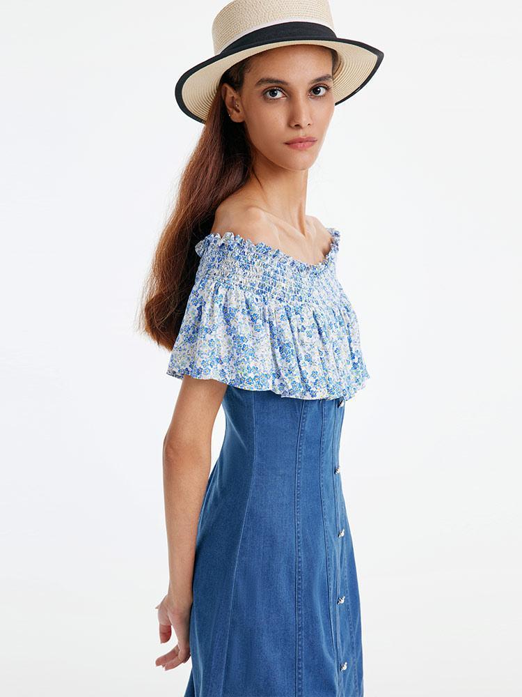 Denim Dress With Patchwork Floral GOELIA