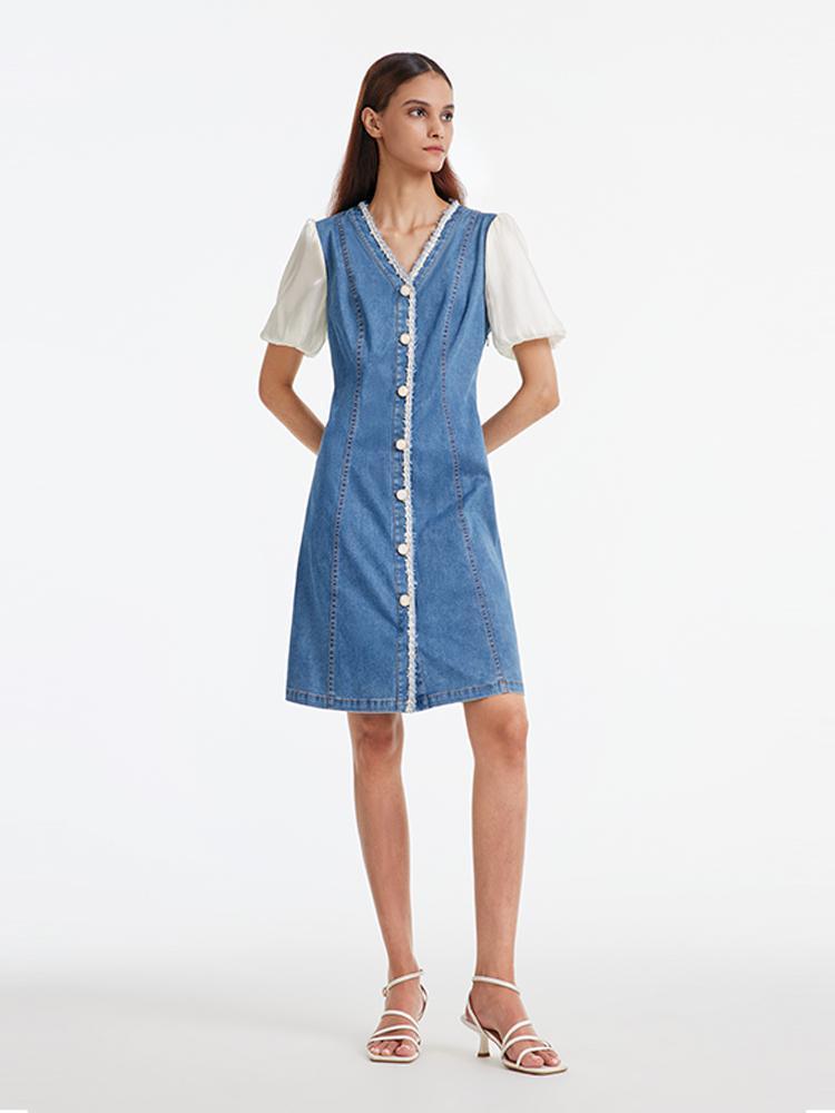 Denim Patchwork Tweed Dress GOELIA