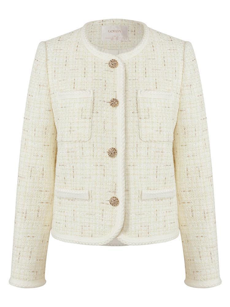 White Knitted Tweed Crop Jacket GOELIA