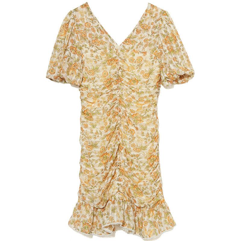 Ruched V-Neck Puff Sleeve Floral Dress GOELIA