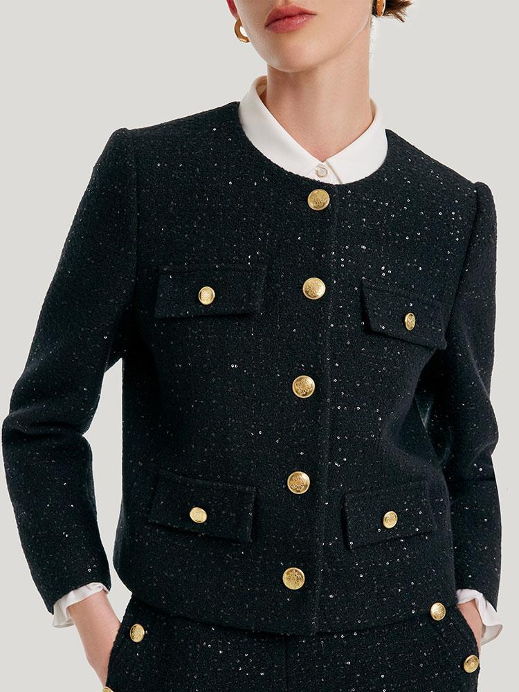 Elegant Black Tweed Cropped Jacket GOELIA