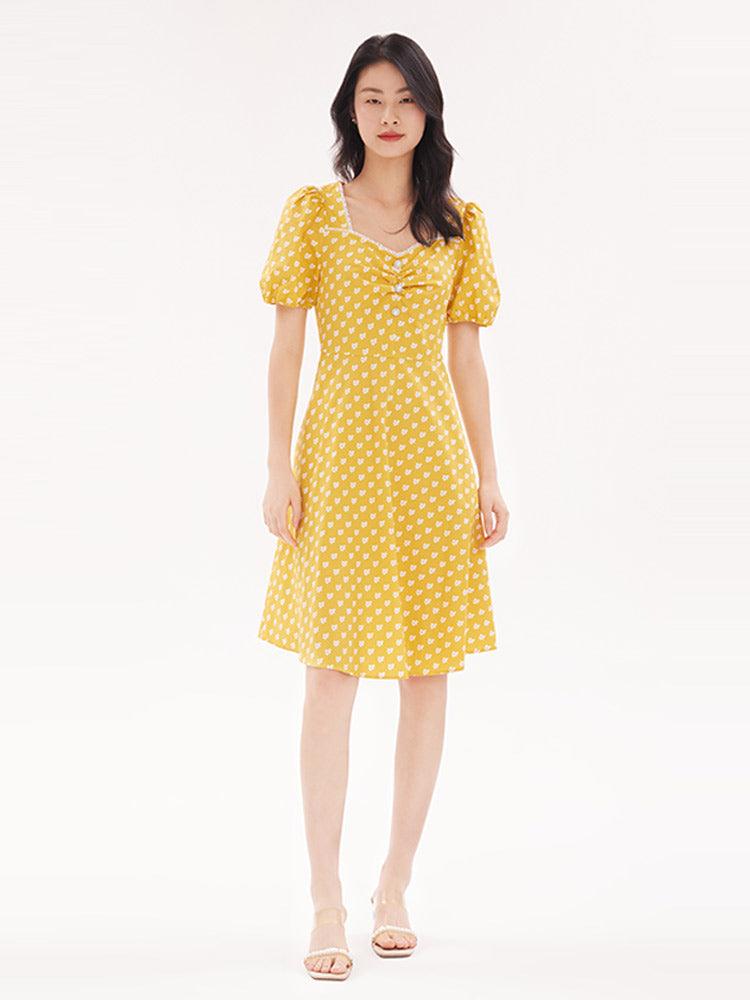 Yellow White Floral Print Square Neck Dress GOELIA