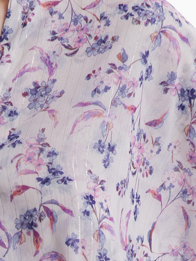 Purple Floral Gathered Waist Dress GOELIA