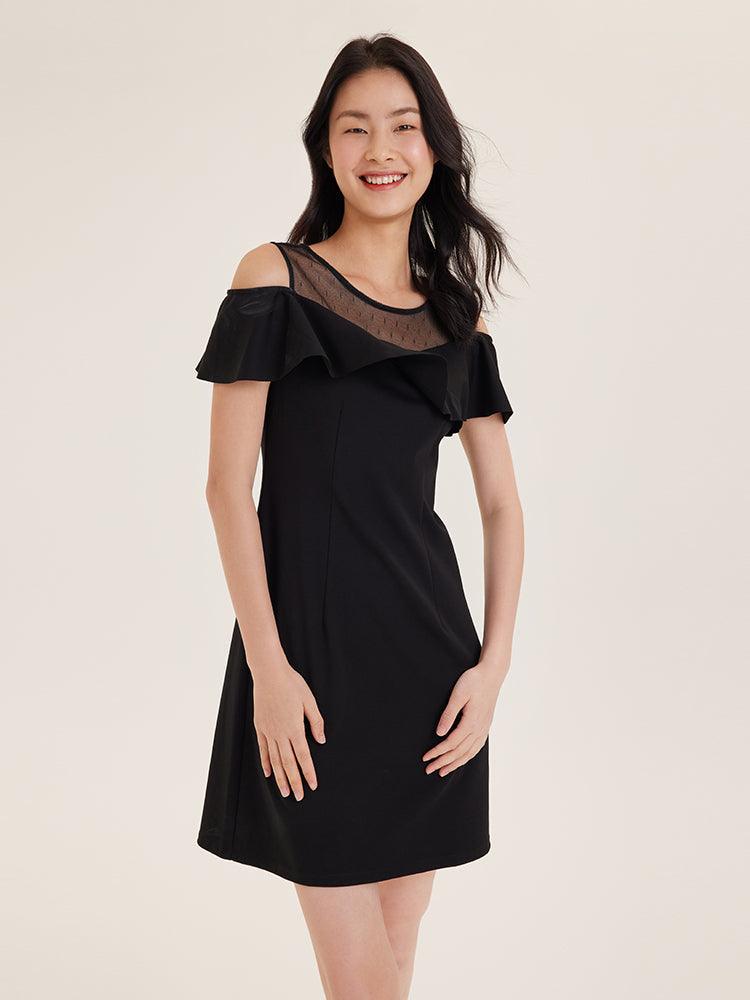 Black See-Through Off-SHoulder Falbala Dress GOELIA