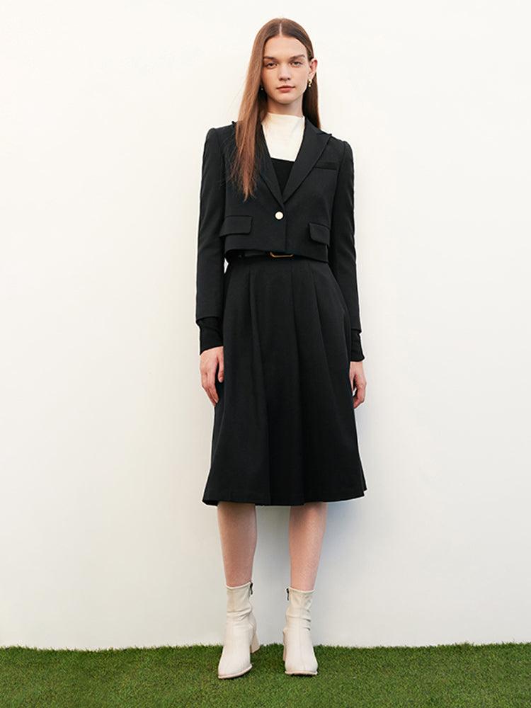 Black Cashmere Woolen Tweed Suit Coat&Skirt&Belt GOELIA