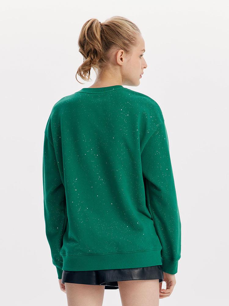 Green Sequin Round Neck Sweatshirt With Brooch GOELIA