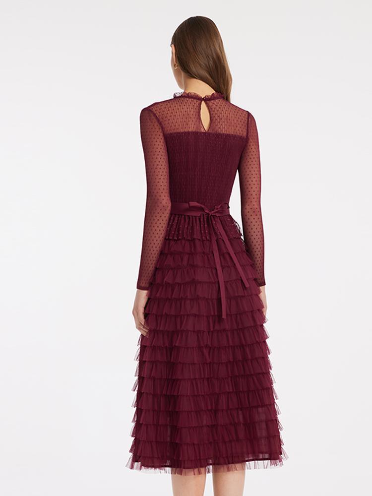 Pleated Tiered Sheer Sleeve Cake Midi Dress GOELIA