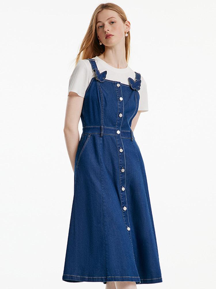 Denim Pinafore Dress With Bow Tie GOELIA