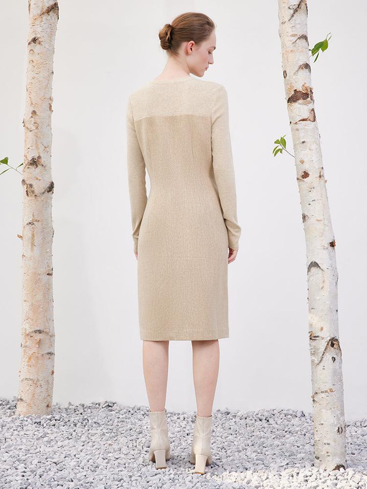 Cream Khaki Woolen Patchwork Slim Dress GOELIA