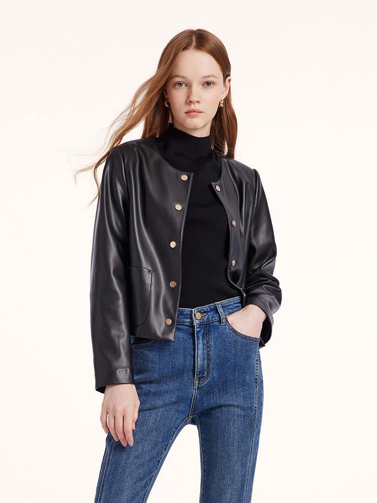 Round Neck Synthetic Leather Jacket GOELIA