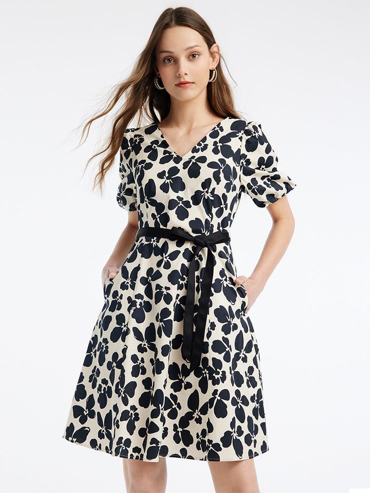 Floral Lantern Sleeve A-Line Midi Dress GOELIA