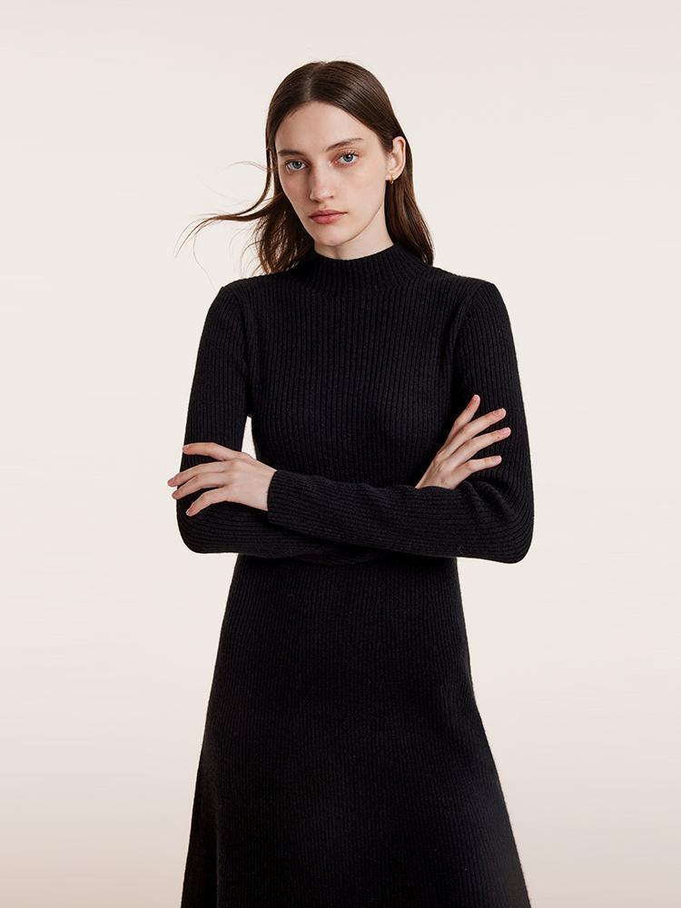 Black Pure Cashmere Mock Neck Knit Dress GOELIA