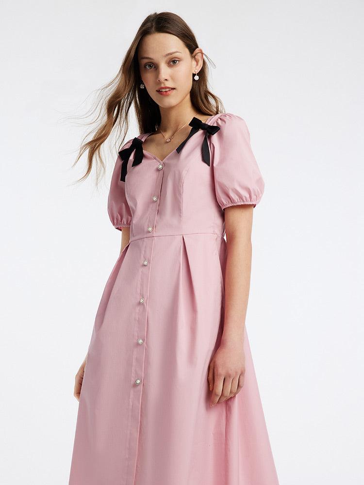 V-neck Bow Waist-skimming Knee-Length Dress GOELIA