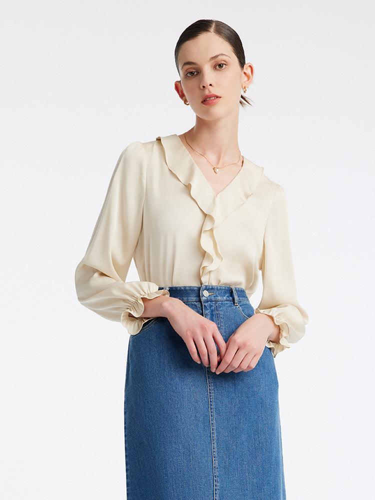 22 Momme Silk V-Neck Ruffled Shirt GOELIA