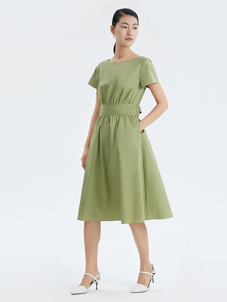 One Word Collar Gathered Waist Cotton Dress GOELIA