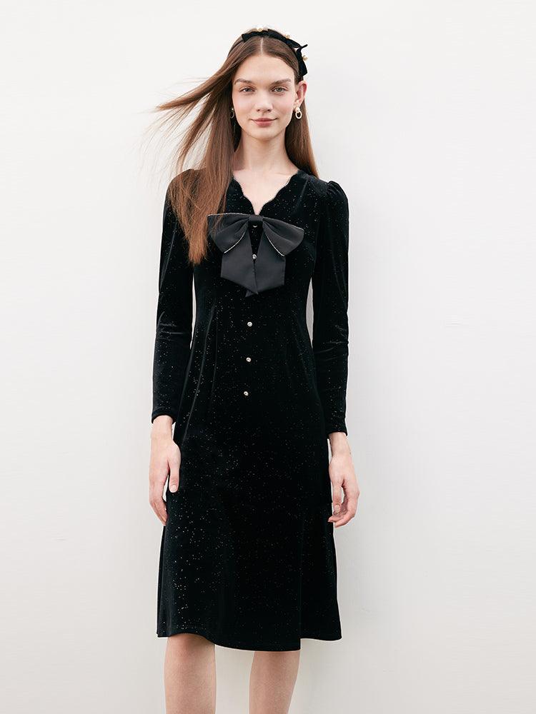 Pre-Order V-Neck Detachable Bowknot Velvet Dress