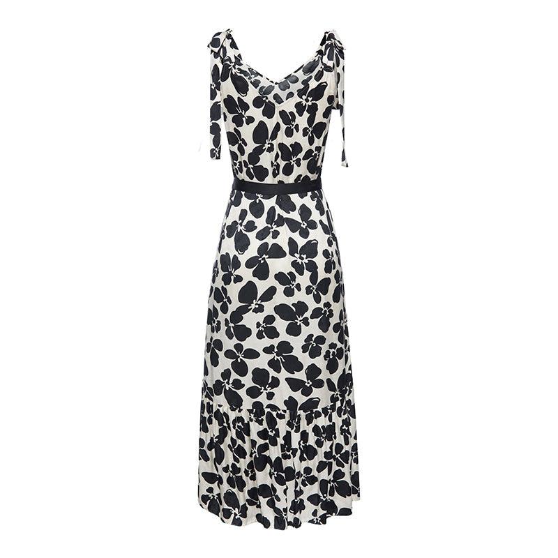 Black Floral Tie-Strap Dress GOELIA