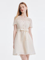 V-neck Mesh Patchwork Jacquard Dress With Belt GOELIA