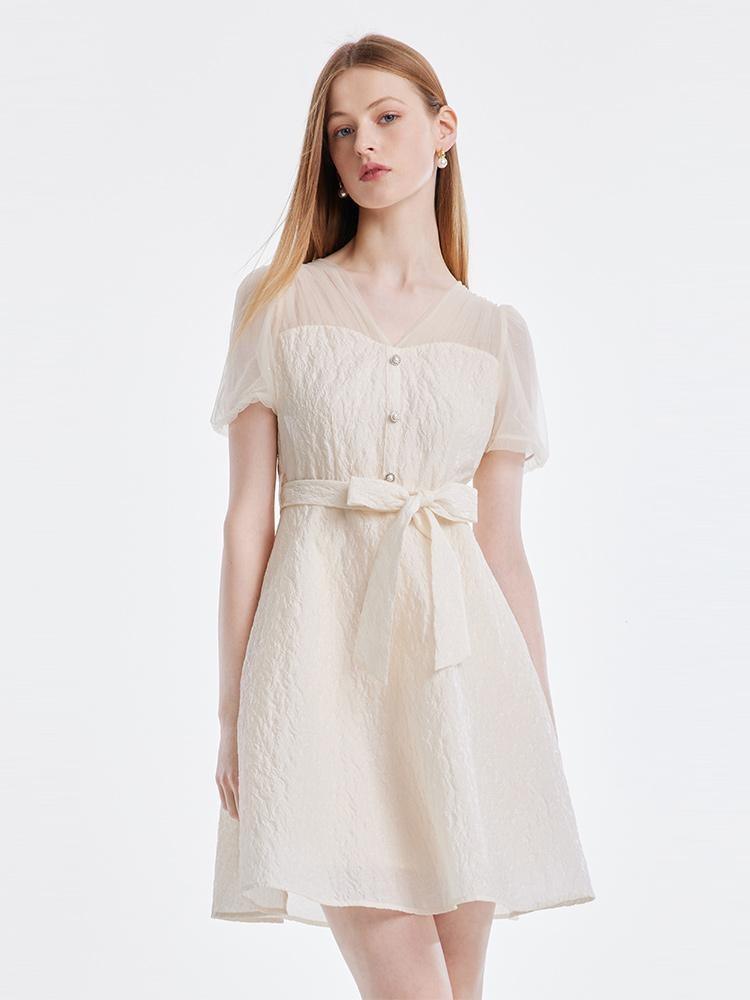 Robe en jacquard patchwork en maille à col en V avec ceinture 