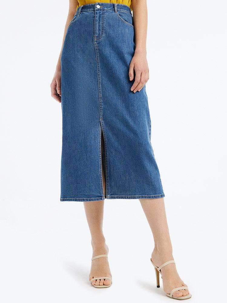 Slit Washed Denim Half Skirt GOELIA