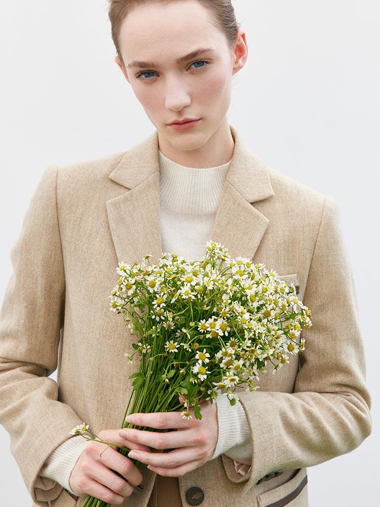 Vintage Cream Khaki & Brown Color Block Blazer GOELIA