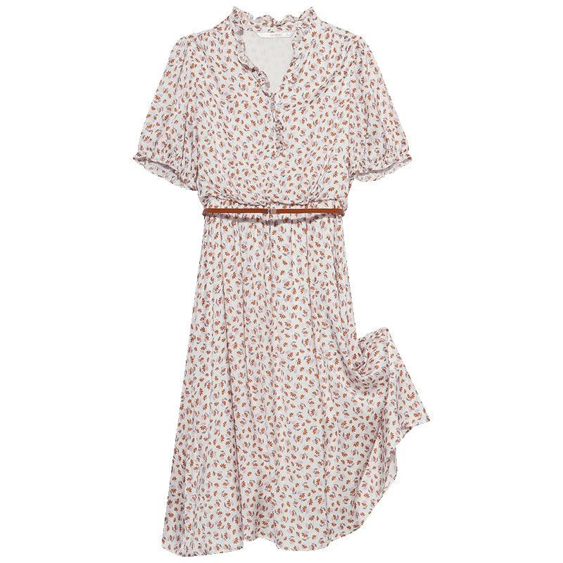 Ruffle Collar Printed Gathered Waist Dress GOELIA