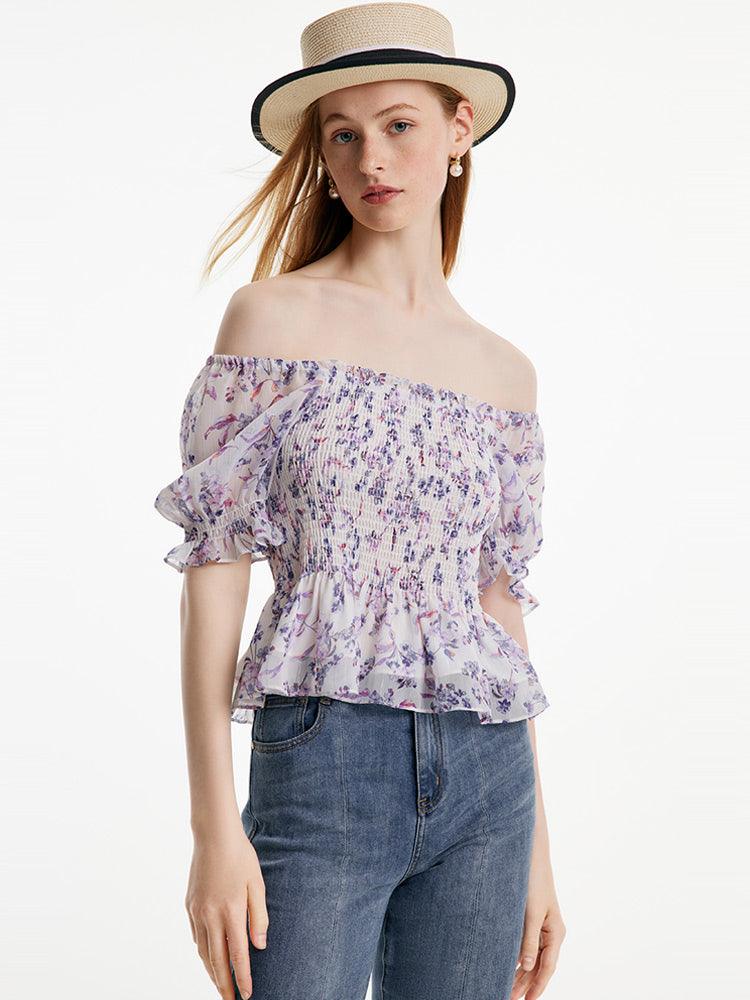 Purple Floral Off-Shoulder Ruffle Top GOELIA