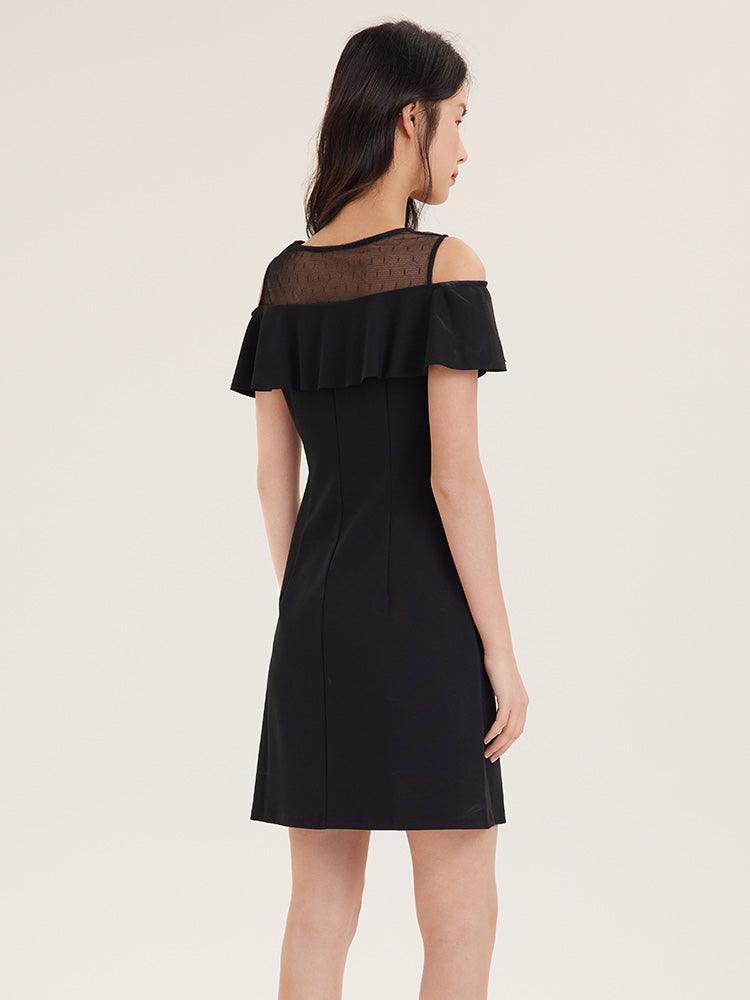 Black See-Through Off-SHoulder Falbala Dress GOELIA