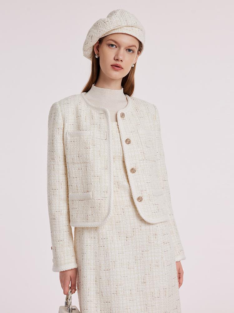 White Knitted Tweed Crop Jacket GOELIA