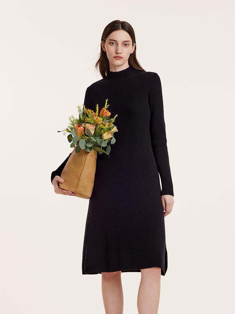 Black Pure Cashmere Mock Neck Knit Dress GOELIA