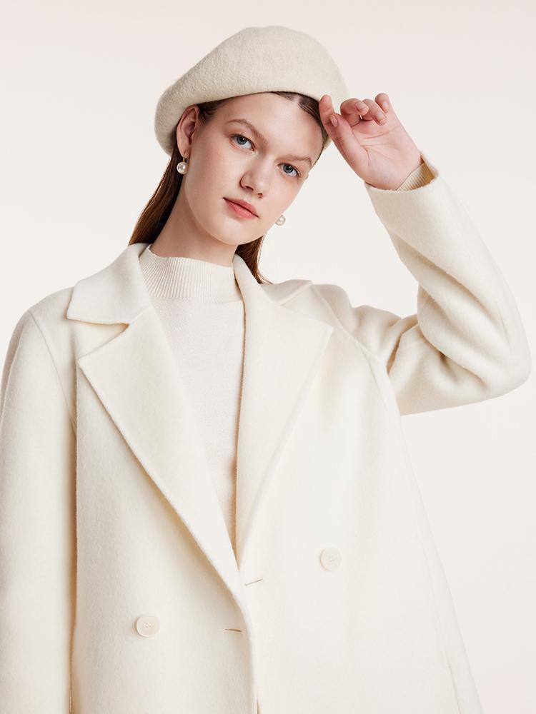 White Mid-Length Double-Faced Wool Coat With Detachable Collar GOELIA