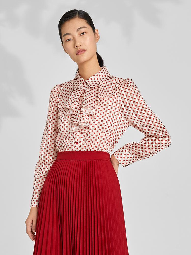 Golden Stripe Chiffon Polka Dots Dress GOELIA