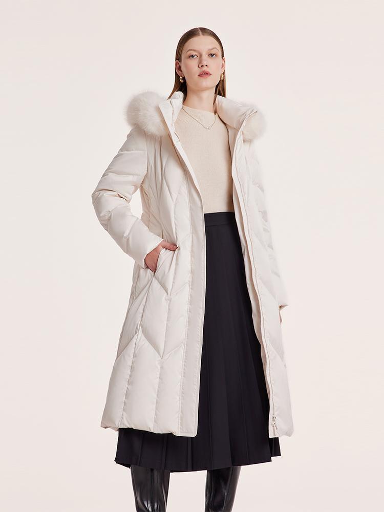 White Gathered Waist Long Goose Down Garment With Faux-Fur Collar GOELIA