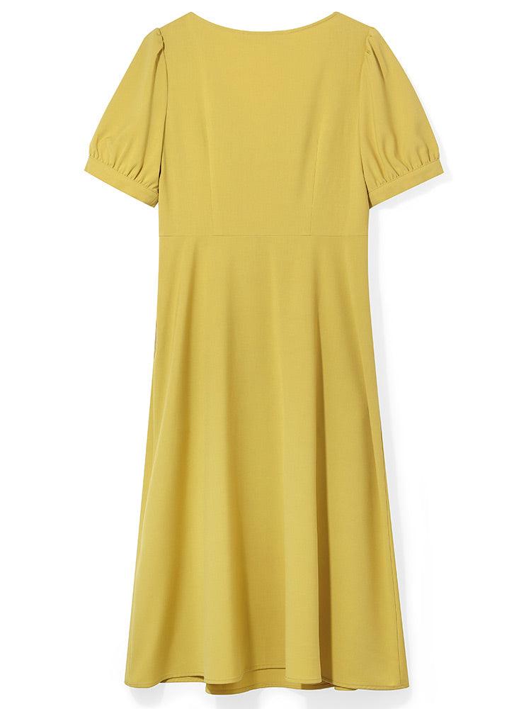 Lime yellow Square Neck Puff Sleeve Dress GOELIA