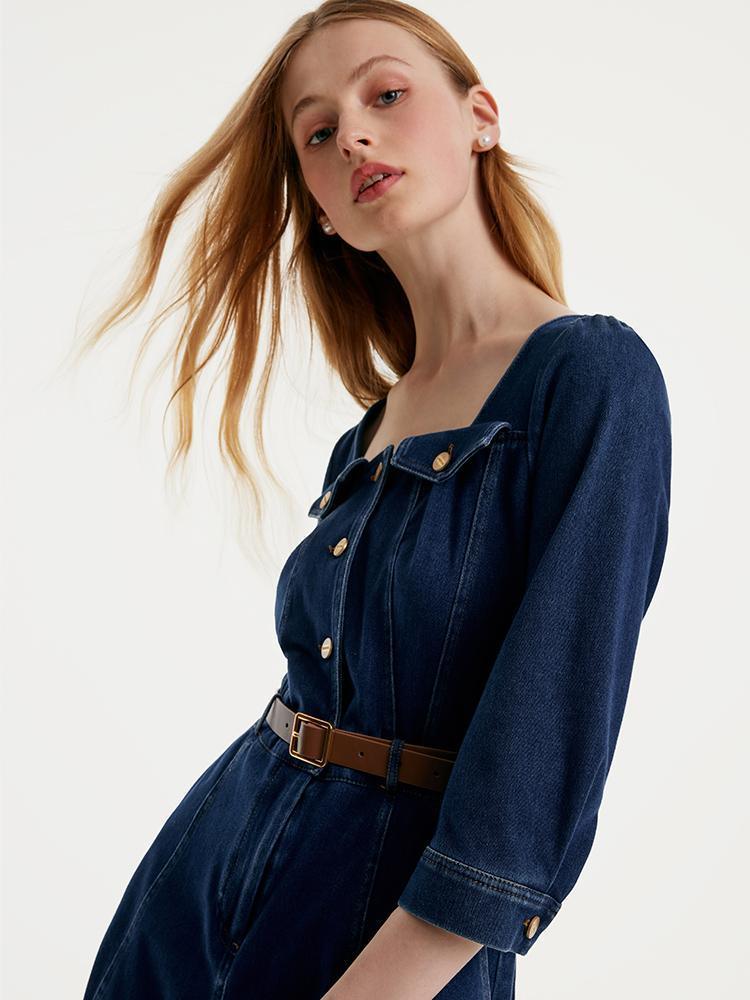 Square-neck Knit Denim Dress With Belt GOELIA