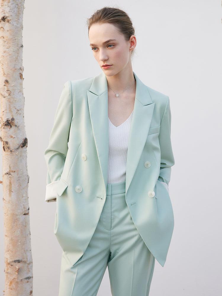 Mint Green Worsted Woolen Straight Blazer GOELIA