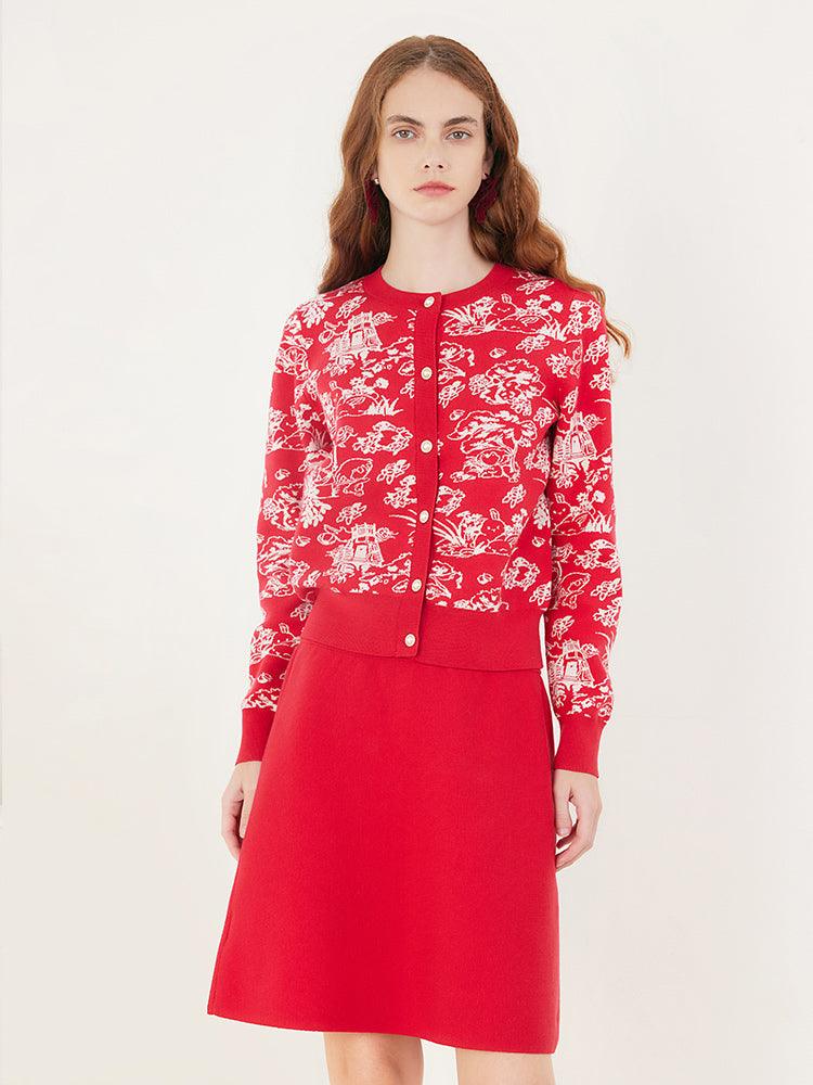 Red Floral Jacquard Suit Cardigan&Skirt GOELIA