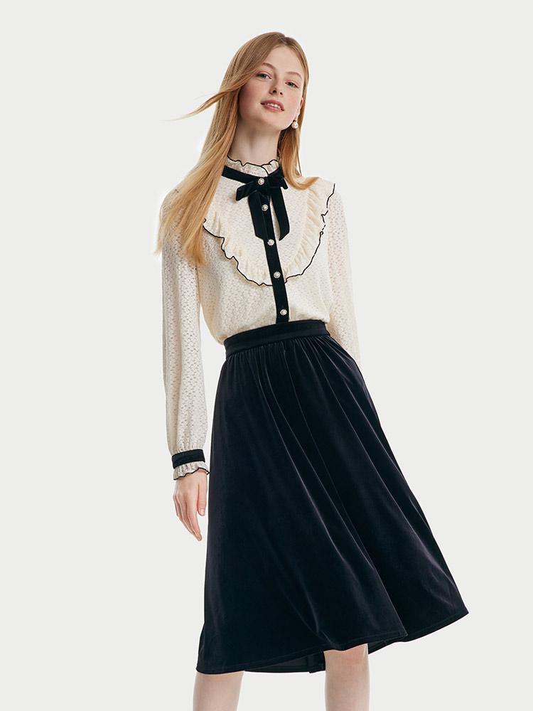 Lace Ruffle Shirt And Velvet Skirt Two-Piece Suit GOELIA