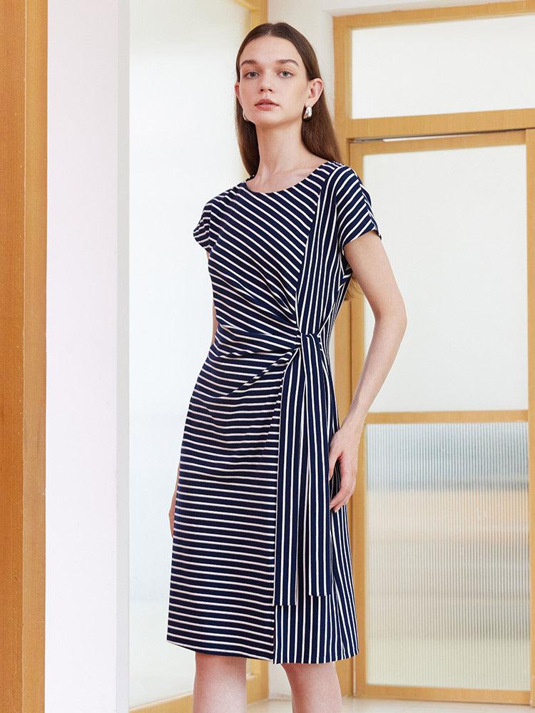 Navy Blue Stripe Wrap Dress GOELIA