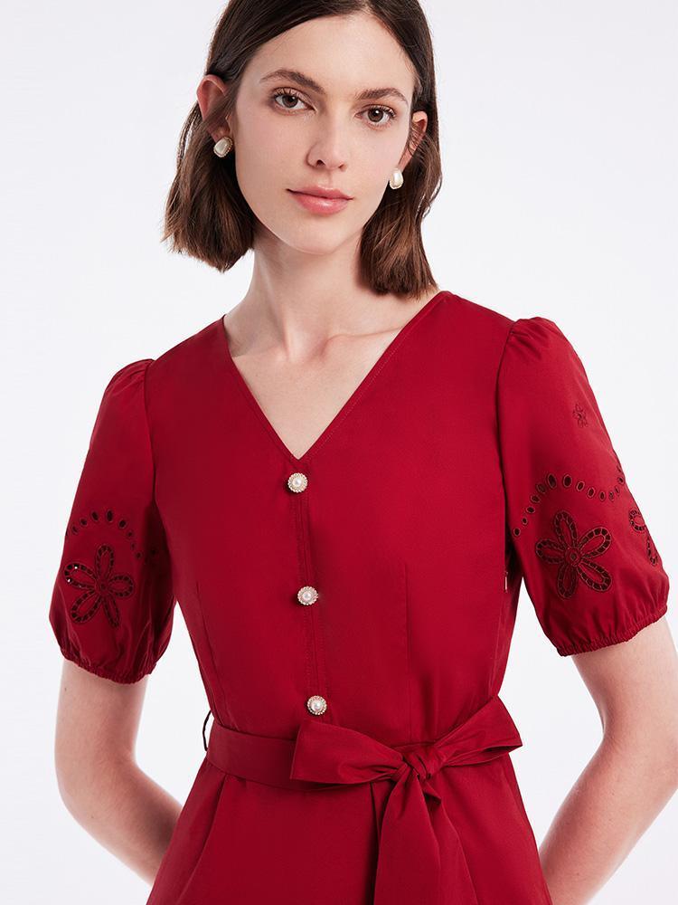 Chili Red Embroidered V-Neck Waist-Skimming Dress GOELIA