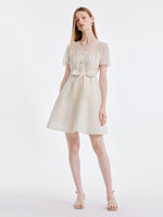 V-neck Mesh Patchwork Jacquard Dress With Belt GOELIA