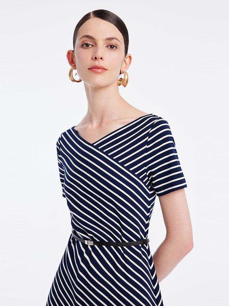 Knitted Stripe Dress With Leather Belt GOELIA